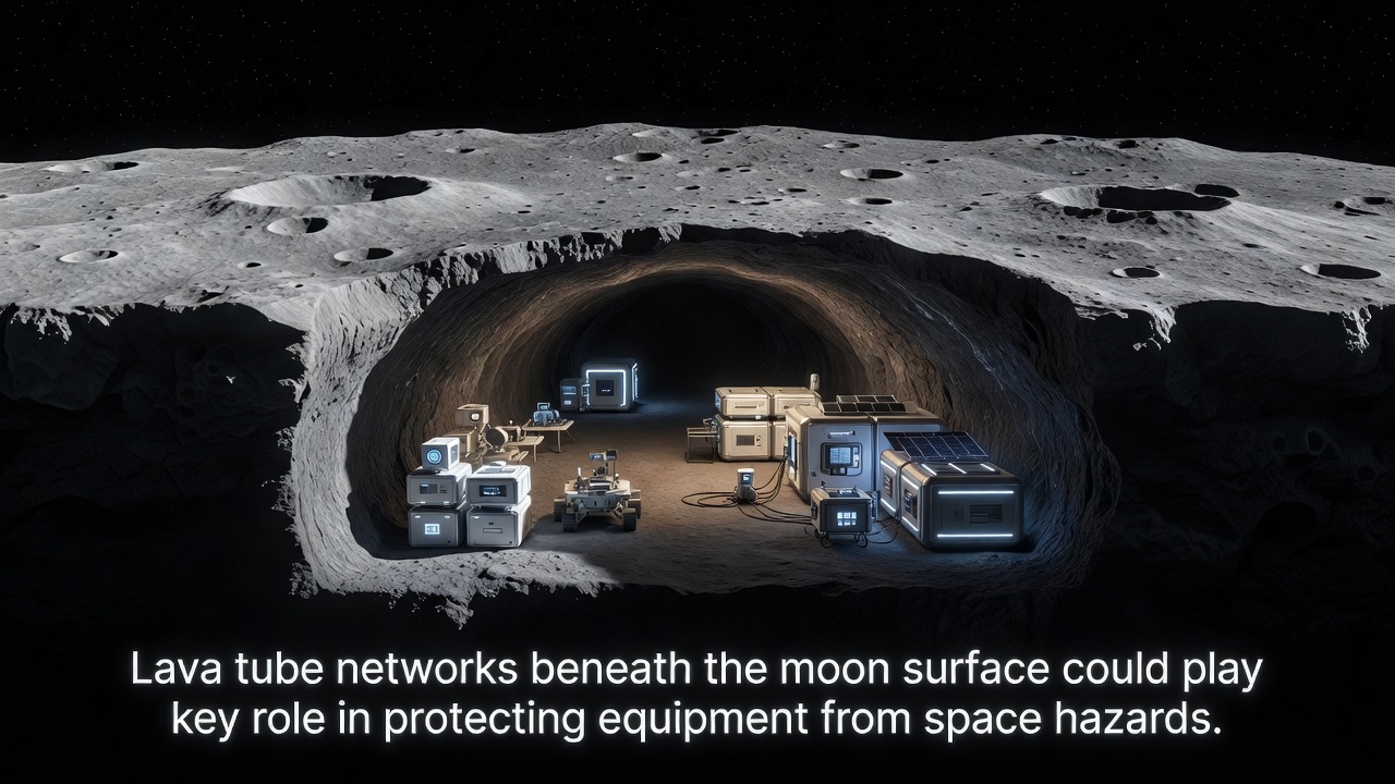 Diagram showing radiation reduction inside lunar lava tubes compared to surface exposure